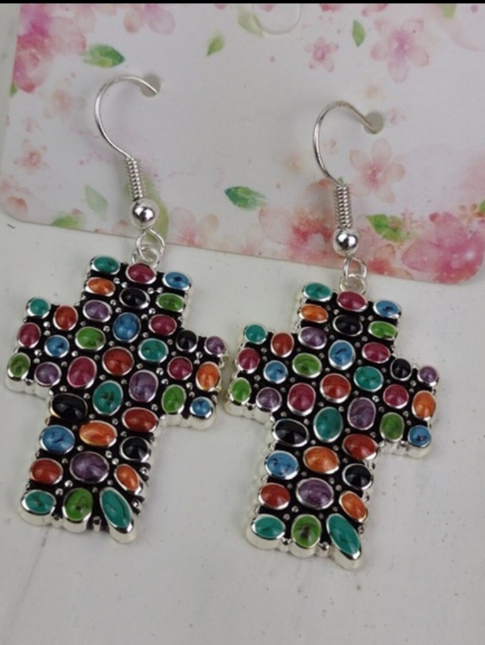 Multicolor Stone Silver Cross Drop Earrings - Women Jewelry